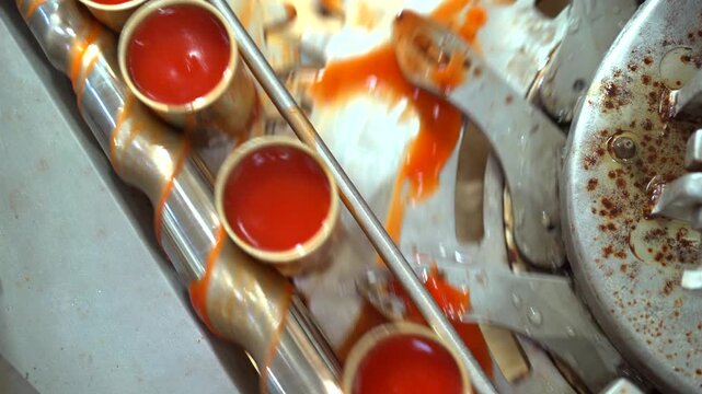 Canned fish in tomato sauce moving along automated production line in food manufacturing factory.