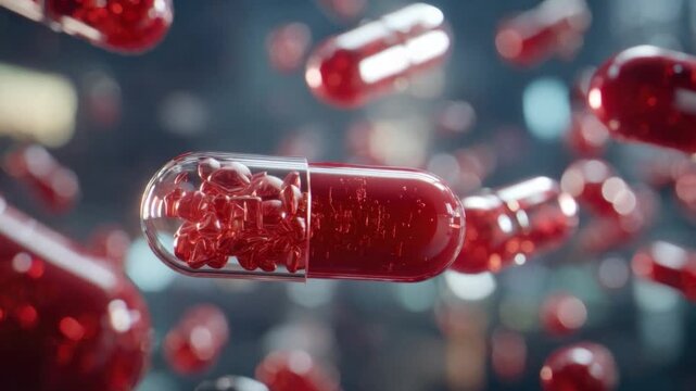 Dynamic Red Capsules Floating in Abstract Space with a Blurred Background, Representing Health, Medicine, and Pharmaceutical Industry Visuals