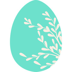 Turquoise Easter Egg Decorated with Delicate Cream Colored Branches and Leaves Isolated on Transparent Background