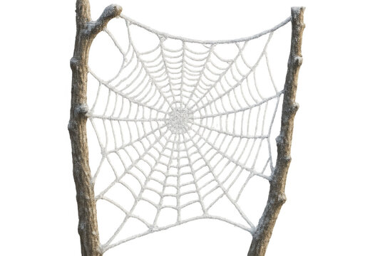 Frozen spider web on tree branches collecting frost and ice, showing intricate natural pattern, transparent background
