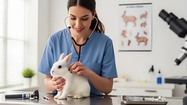 Dedicated female veterinarian carefully examines an adorable white rabbit using a stethoscope during a routine check-up in a professional animal care clinic, highlighting compassionate pet wellness