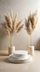 Minimalist neutral toned studio scene featuring a white round pedestal with stacked white plates and two dried pampas grass arrangements in vases