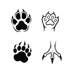 A striking collection of diverse animal paw prints and formidable claws, embodying the raw power and distinctive forms of wildlife in a clear, illustrative vector set