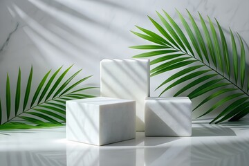 Minimalist white geometric podiums bathed in dappled sunlight and framed by lush green palm fronds creating a serene natural backdrop for product display