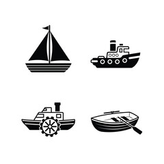 Black and White Boat Icon Set Sailboat, Tugboat, Paddle Boat, and Rowboat
