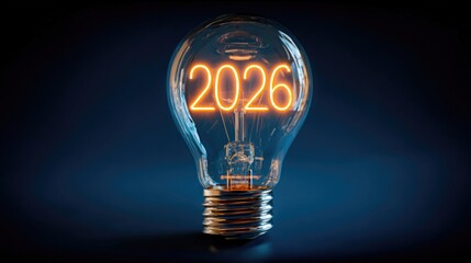 Illuminated lightbulb with glowing number 2026, concept for new year, future vision and perspectives on dark background