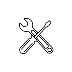 Line icon of a crossed wrench and screwdriver, a simple symbol representing repair services, maintenance, technical support, and settings