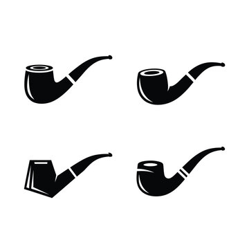 Set of four classic tobacco smoking pipe icons in black and white illustration style