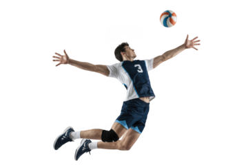 Male volleyball player jumping to hit ball isolated on transparent background