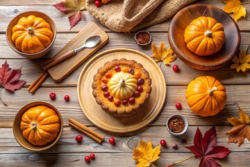 A deliciously decorated autumn pumpkin pie surrounded by miniature pumpkins and fall leaves on a rustic wooden table