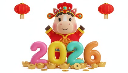 Naklejka premium Happy Lunar New Year 2026 Cute Ox Mascot with Gold Ingots and Lanterns, Chinese Zodiac Animal