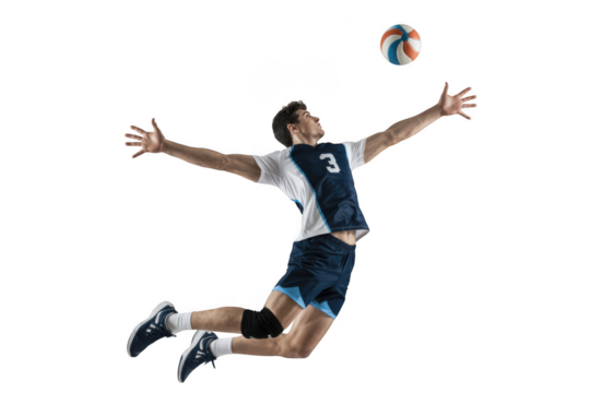 Male volleyball player jumping to hit ball isolated on transparent background