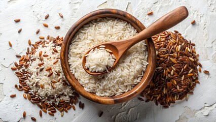 Overhead view of a rustic wooden bowl filled with white rice and a wooden spoon surrounded by piles of brown and mixed grain rice on a textured white surface