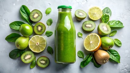A refreshing and vibrant green smoothie in a clear glass bottle surrounded by fresh kiwi slices lime halves green apples and spinach leaves on a textured grey background