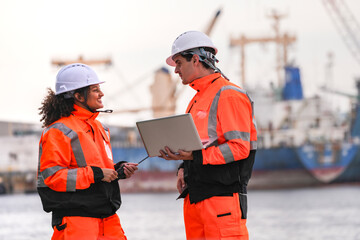 A team of diverse engineers in safety gear collaborates on a construction site, reviewing project plans on a laptop. A concept for teamwork, industrial project management, and engineering.