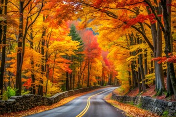 Scenic winding asphalt road through a vibrant tunnel of autumn trees with fiery red orange and yellow foliage and a stone wall lining the side