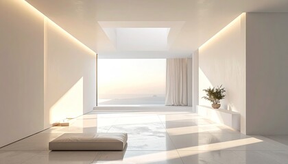 Modern Interior Architecture with Ocean View Bathed in Golden Hour Light Minimalist Design with White Walls and Natural Sunlight Creating Serene Atmosphere