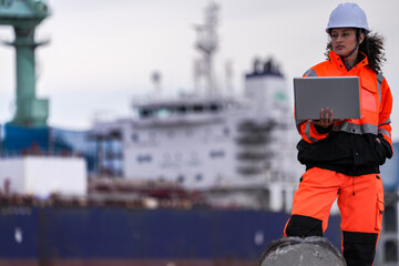 Two port engineers in high-visibility orange uniforms and hard hats communicate while inspecting...