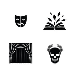 Collection of icon illustrations, featuring a theater mask, book, curtains, and a skull with a laurel wreath