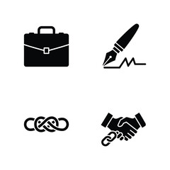 Collection of black glyph icons representing business partnership concepts, including contract signing, strong collaboration, and corporate agreements