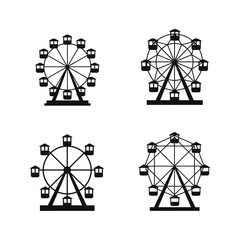 Set of four isolated black Ferris wheel silhouette icons, representing amusement park attractions and concepts of fun and entertainment