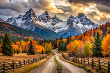 Scenic dirt road winds through vibrant autumn forest towards majestic snow capped mountains under a dramatic cloudy sky