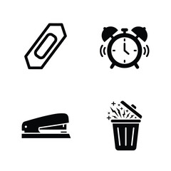 Office Supplies Bandage, Alarm Clock, Stapler, and Trash Can Icons for Work and Organization