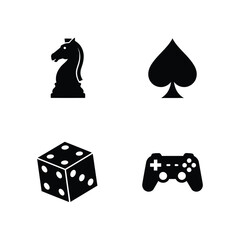 Gaming and Strategy Icons Chess Knight, Playing Card Spade, Dice, and Controller on White