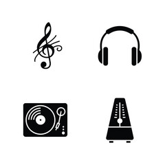 Musical Icons Treble Clef, Headphones, Turntable, and Metronome in Simple Vector Illustrations