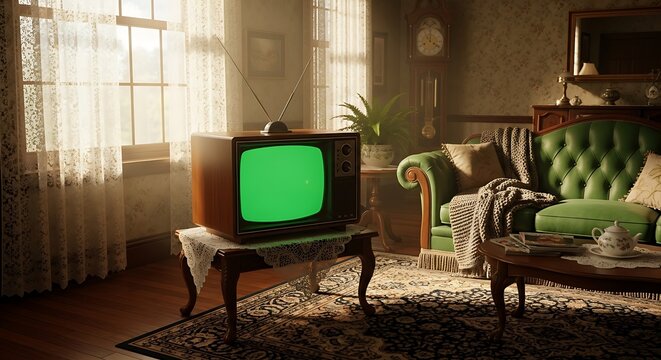 Vintage Television Set in a Cozy Living Room with Green Screen.