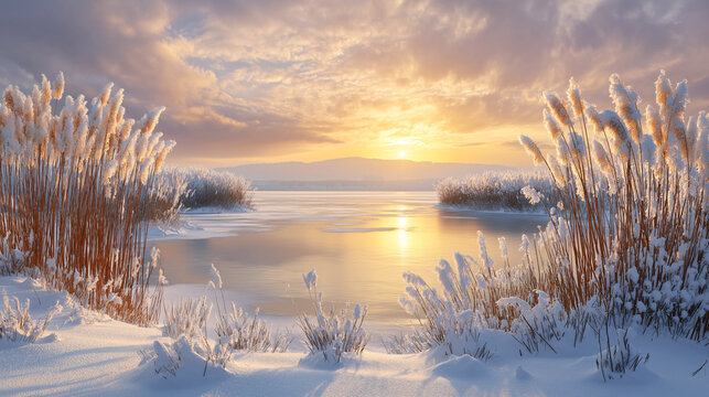 Frozen lake at sunrise with snow-covered reeds and golden light reflections. Peaceful winter landscape ideal for seasonal campaigns, nature editorials, and tranquil design backdrops.