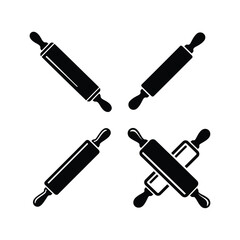 Classic kitchen rolling pins in crisp black silhouette, versatile graphic elements for baking, pastry making, and culinary themes, showcasing essential cooking tools