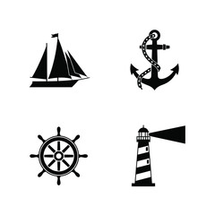 Versatile set of black silhouette icons representing classic nautical and maritime themes sailboat, anchor, ship's steering wheel, and lighthouse