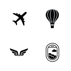 Travel Icons Set Airplane, Hot Air Balloon, Wings, and Airplane Window for Design