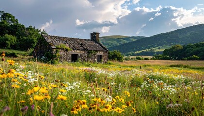Old Stone Cottage Ruin Surrounded by a Field of Wildflowers Under a Dramatic Cloudy Sky in Rural Landscape