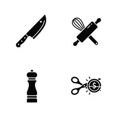 A conceptual collection of practical silhouette icons, featuring essential kitchen tools for culinary preparation alongside symbols of financial savings and budget efficiency