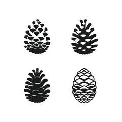 Simple black pine cone icon collection. A set of four stylized forest elements isolated on a white background. Conceptual design for nature, winter, and holiday themes