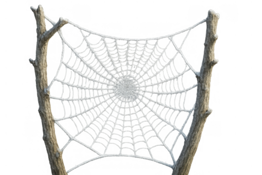 Frosty white spider web covered in hoar frost, catching light on transparent background, winter nature trap concept