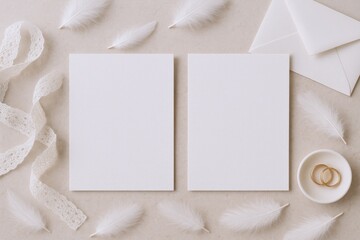 Elegant Mockup with White Cards, Feathers, Lace, Gold Rings, and Envelopes for Wedding Invitations