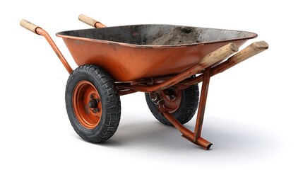 Orange Wheelbarrow with Wooden Handles Isolated on White Background Studio Shot