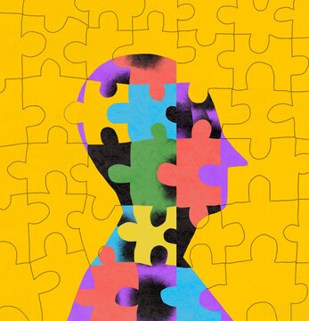  human head made of multicolored puzzle pieces