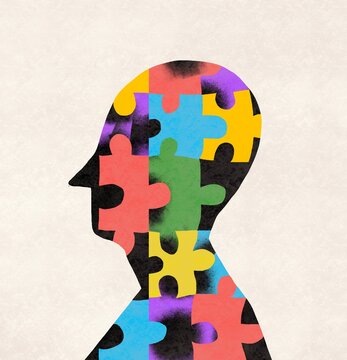  human head made of multicolored puzzle pieces