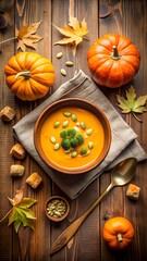 Warm and inviting bowl of creamy pumpkin soup garnished with fresh herbs and croutons surrounded by mini pumpkins and autumn leaves on a rustic wooden table