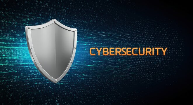 Digital cybersecurity concept shield with text on dark background
