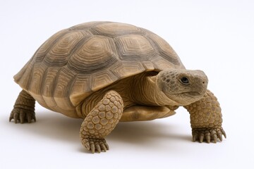 Fototapeta premium Desert Tortoise Walking Across a White Background, Capturing its Textured Shell and Wrinkled Neck Skin