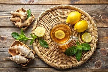 Warm and invigorating hot tea with fresh lemon and ginger served on a rustic wooden table with mint leaves for a healthy refreshing beverage