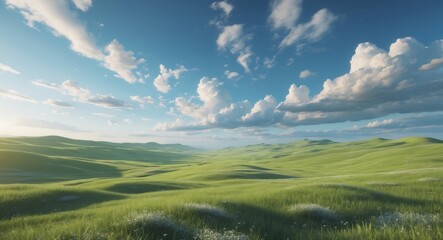 Obraz premium Serene Landscape with Lush Green Hills and Dramatic Cloudy Sky Capturing the Beauty of Nature in Bright Daylight