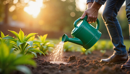 . Person watering plants in garden at sunset