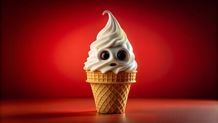 Whimsical and spooky soft serve ice cream cone with a cute ghost face and big eyes on a vibrant red background