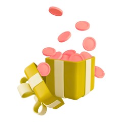 Yellow gift box with pink coins falling out on white background present surprise